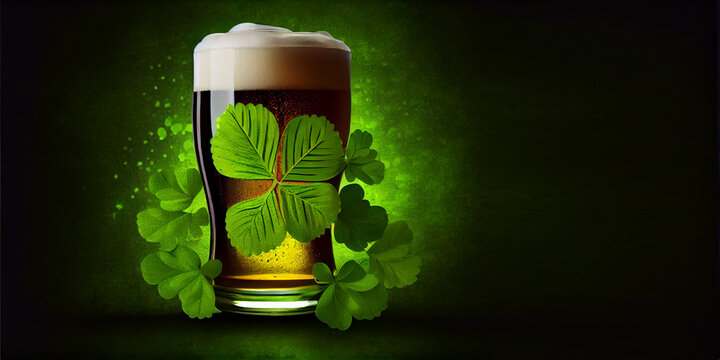 Cold beer with clovers inside, St. Patrick's Day Holiday, Generative AI