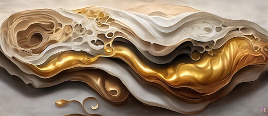 Fototapeta premium Generative AI illustration of abstract fluid composing waves of varying sizes and colors is divided into layers, taupe, ivory, white, beige, and soft gold colors, gold glitter