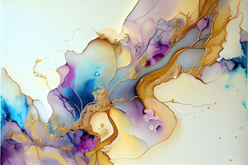 Generative AI illustration of alcohol ink painting, abstract, pastel tones with golden cracks