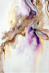 Generative AI illustration of alcohol ink painting, white abstract, pastel tones with golden cracks