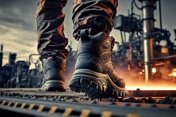 Close-up safety working shoe on a worker feet is standing at the factory, ready for working in danger workplace concept. Industrial working scene and safety equipment. Generative Ai image.
