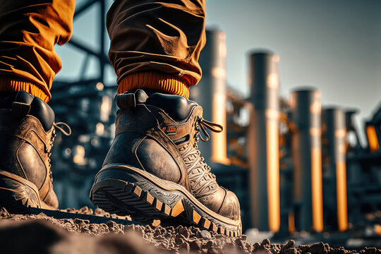 Close-up safety working shoe on a worker feet is standing at the factory, ready for working in danger workplace concept. Industrial working scene and safety equipment. Generative Ai image.