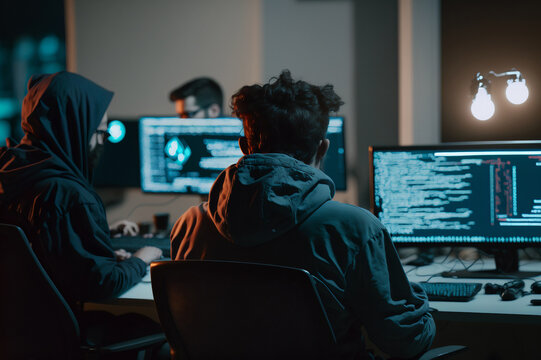 Back view of a hacker coding scripts for cybersecurity company, programming and working from home late at night. Working at the PC screen in a dark room