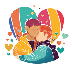 Ilustraci√≥n de pareja de personas LGBT,  abrazandose con corazones multicolor al rededor.