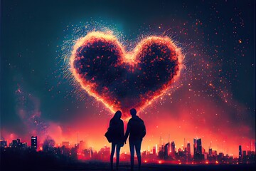 Generative AI illustration of heart shaped fireworks . Lovers couple background night city . Valentine Day