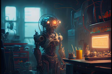Obraz na płótnie Canvas Generative AI illustration of humanoid robot working in research laboratory. Artificial intelligence, automation of science, studio lighting, fantasy composition, cyberpunk