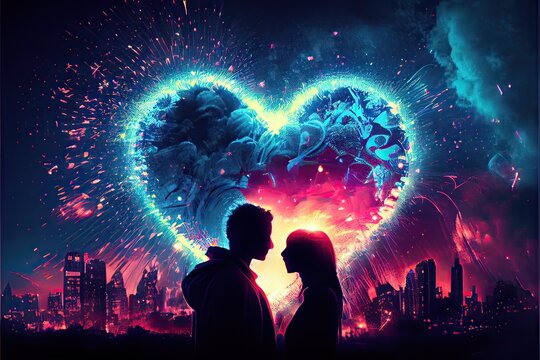 Generative AI illustration of heart shaped fireworks . Lovers couple background night city . Valentine Day