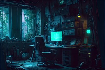 Generative AI illustration of messy and dark cyberpunk hacker hideout room with lights