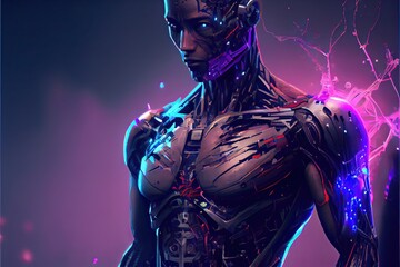 Generative AI illustration of robot turning human still have skin, into cyborg, cyberpunk background