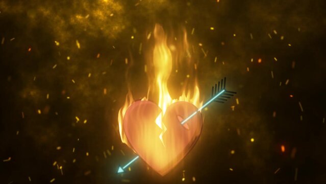 Abstract fiery loving heart burning in a flame pierced by an arrow of Cupid on a background of sparks. Video 4k, motion design