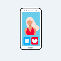 phone mobile vector flat design. virtual people , relationship or dating. date cartoon isolated. blonde woman female on a screen , touch. love heart internet , in social media. choose your one tinder
