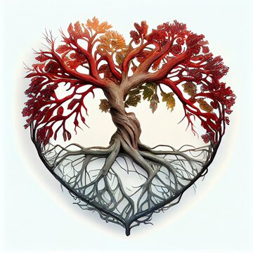 Generative AI illustration of tree of life, roots making red heart shape, celtic style, colorful, white background