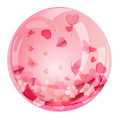Glass transparent pink balloon filled with romantic confetti of butterflies, balloons, flowers, decorative gift for valentine, holidays and celebrations