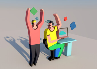 Company employees sitting at the computer and standing in business clothes.3d render illustration.