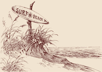 Surf board indicating direction for beach on sea shore hand drawing