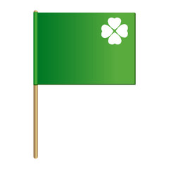 Small green flag with imprinted four leaf clover, symbol of the Irish holiday of St. Patrick's Day, party and festival decoration