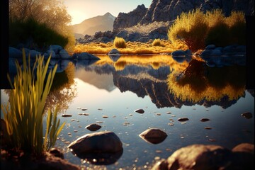 Warm and Welcoming: An Overview of the Tranquil Still Waters during Golden Hour. Generative Ai technology.