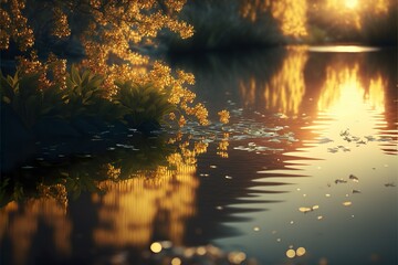 Golden Hour Enchantment: The Beauty of Still Waters and Vibrant Yellow Flora. Generative Ai Technology.