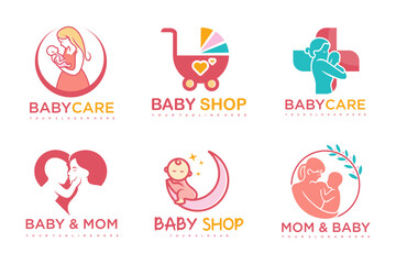 happy baby and mother icon set logo design.badges for children store & baby care center.illustration