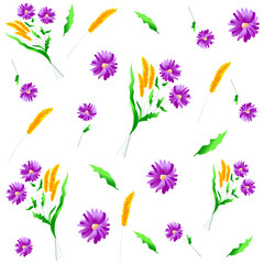 Vector seamless floral pattern with spring wildflowers and yellow spikelets of wheat