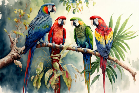 Parrots on a Branch, Watercolor, Painting, Generative AI