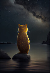 An orange cat standing on a reef by the sea and looking up at the starry sky at night