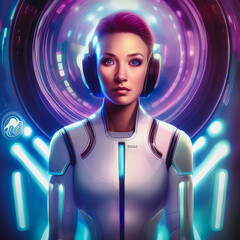 Generative AI - Journey Through the Cosmos: A Futuristic Synthwave Illustration of a Female Space Traveller