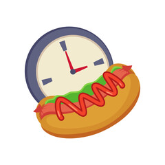 Colorful hot dog with clock vector illustration. Express food delivery element isolated on white background. Food delivery concept
