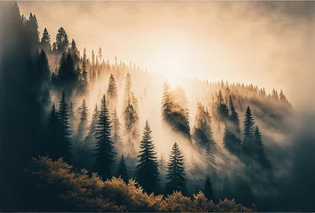 Muurstickers Mistig bos sun light through fog and clouds above the forest Generative AI