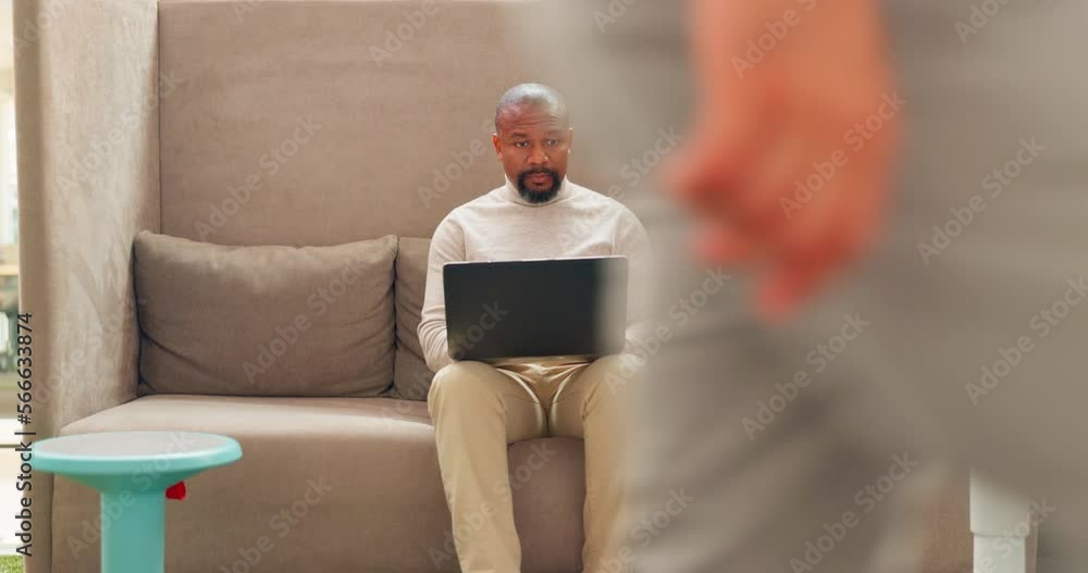 Poster laptop, busy office and business employee working on a corporate project while sitting on the sofa. 