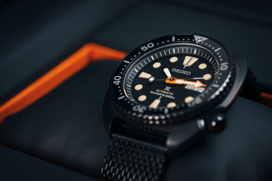 Seiko Prospex SKX - SRPC49K1 model . Called "Black Ninja Turtle". Limited Edition exclusive diver watch.. Copy space. In original watch box. BERLIN, GERMANY on OCTOBER 23, 2018.