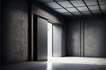 concrete showroom with a steel door