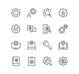 Set of settings and controls related icons, account, setup, install, gears and linear variety vectors.
