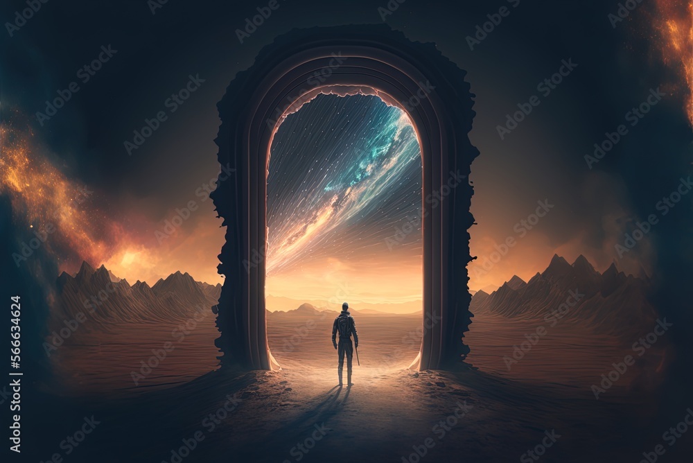 Poster trekker through the stars. transportation across space and time. a time traveler stepping through a 