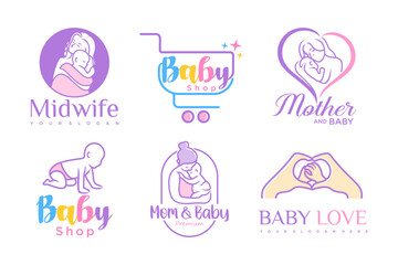 happy baby and mother icon set logo design.badges for children store & baby care center.illustration