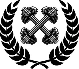 Emblem template with crossed dumbbells and wreath. Design element for logo, sign, emblem. Vector illustration
