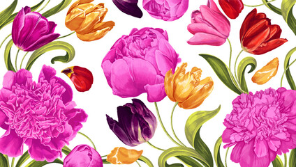Floral background with vector spring flowers of tulips and peonies. Multicolored realistic botanical plants in realistic style.Wallpaper with yellow, pink, purple and red flowers with lettuce leaves. 
