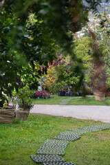 Pathway in public garden landscape. Garden design