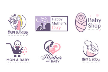 happy baby and mother icon set logo design.badges for children store & baby care center.illustration