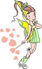 Graphic vector color isolated drawing of an elf girl. Black outline.A mythical magical creature with wings. Flying, a magic wand in his hand. Spills hearts.