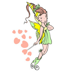 Graphic vector color isolated drawing of an elf girl. Black outline.A mythical magical creature with wings. Flying, a magic wand in his hand. Spills hearts.