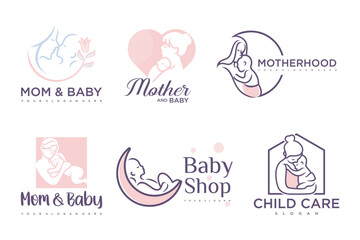 happy baby and mother icon set logo design.badges for children store & baby care center.illustration