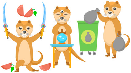 Set Abstract Collection Flat Cartoon Different Animal Otters Throws Out The Trash, Three Eyes And A Ball Of Predictions, Cutting An Apple With Two Swords Vector Design Style Elements Fauna Wildlife
