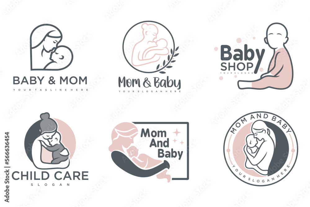 Wall mural happy baby and mother icon set logo design.badges for children store & baby care center.illustration