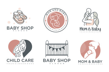 happy baby and mother icon set logo design.badges for children store & baby care center.illustration