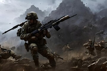 Soldier with rifle in a battlefield, virtual sci-fi video game shooting, online competition gun war, generative ai