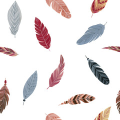 Watercolor boho seamless pattern with feathers. Hand drawn illustration for fabric, wrapping paper, etc. Bohemian design.