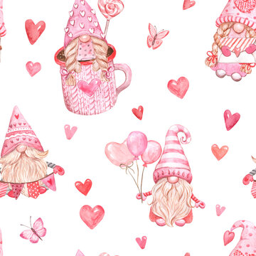 Cute watercolor gnomes seamless pattern. Valentine's day holiday design. Hand-drawn print with pink hearts on white background.