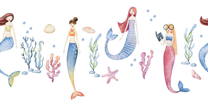 Watercolor seamless border with cute mermaids and shells.