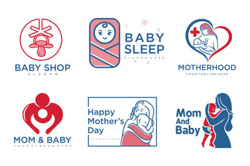 happy baby and mother icon set logo design.badges for children store & baby care center.illustration